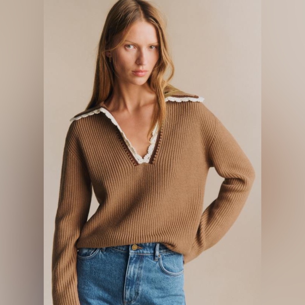 Sezane Ivane camel with ecru ribbed merino wool and organic cotton sweater